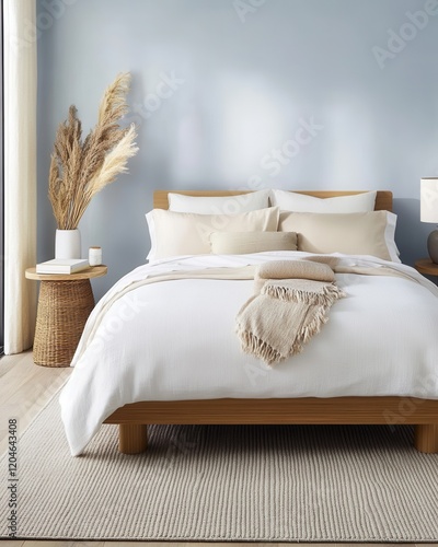 A small minimalist bedroom with pastel blue walls, a white bed with beige linens, wooden side tables, and a soft gray rug for a serene atmosphere