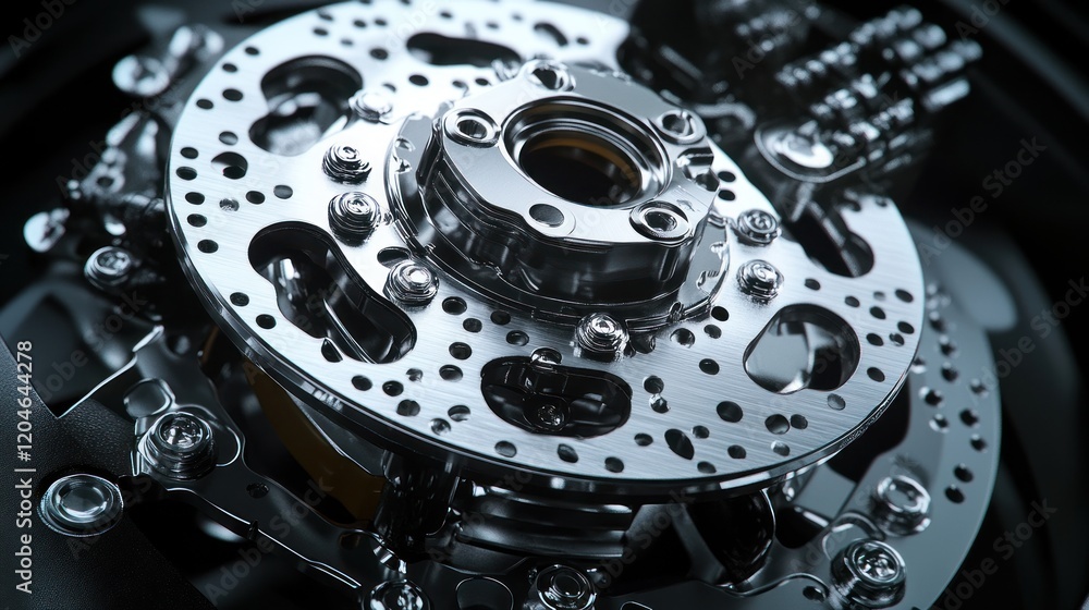 Close-up of a Motorcycle Disc Brake System: Precision Engineering and Chrome Detail Close-up of a Motorcycle Disc Brake System: Precision Engineering and Chrome Detail
