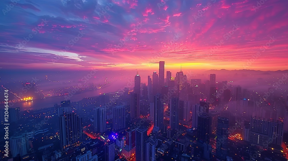 Fototapeta premium Vibrant City Skyline at Sunrise with Pink Clouds