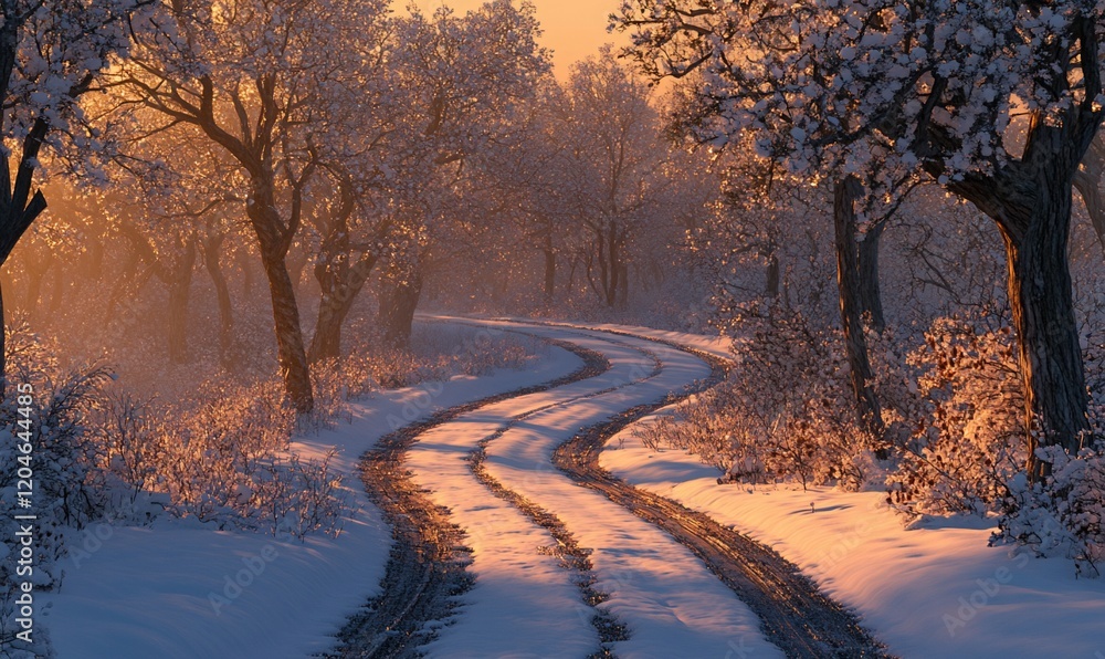 Snowy road winding through winter forest at sunrise; nature, travel, winter scene Snowy road winding through winter forest at sunrise; nature, travel, winter scene