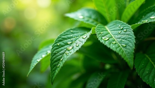 Close-up of dewdrops on bright green leaves