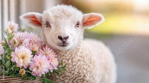 Cute lamb beside pink flowers, spring farm photo