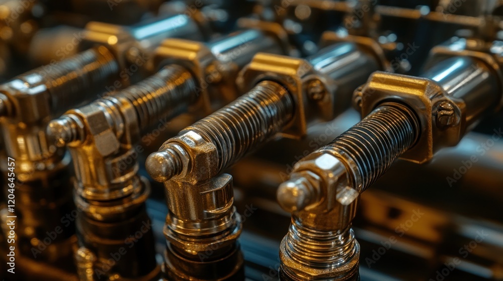 Close-up view of intricate metallic machinery components, showcasing detailed textures and industrial design elements. Close-up view of intricate metallic machinery components, showcasing detailed textures and industrial design elements.