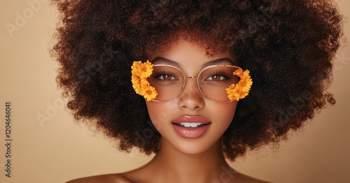 Portrait of African American Woman with Vibrant Afro Hairstyle in Sunglasses and Minimalist Style photo