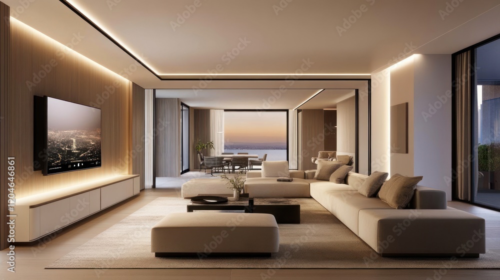 Fototapeta premium Luxury Penthouse Living Room with Ocean View at Dusk