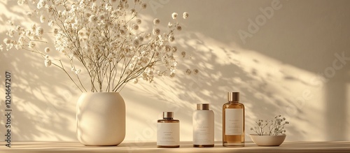 Serene Beauty Product Still Life:  A minimalist arrangement showcasing elegant amber and cream bottles, delicate dried flowers, bathed in soft sunlight. Perfect for skincare or cosmetic brands.