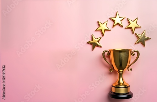 Gold trophy cup with five stars on pastel pink background. Flat lay design emphasizes victory concept. First place winner of competition. Success, achievement highlighted. Ideal for websites photo