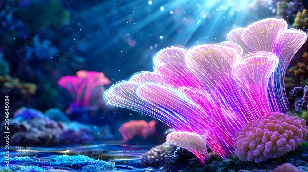 Obraz premium glowing neon coral reef underwater scene - bioluminescence