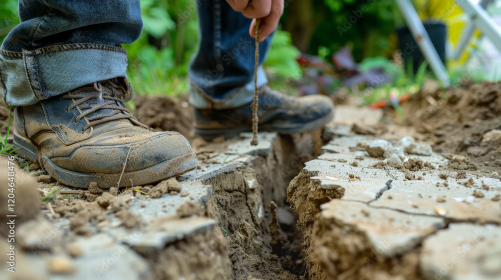 Close up of homeowner inspecting foundation cracks in soil Close up of homeowner inspecting foundation cracks in soil