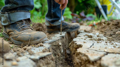 Close up of homeowner inspecting foundation cracks in soil photo