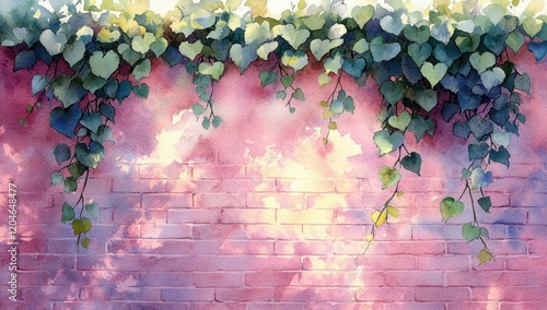 Watercolor Illustration of Lush Green Leaves Against Textured Pink Brick Wall Spring Botanical Decoration