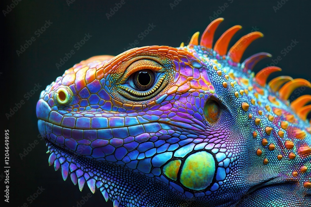 Fototapeta premium Iguana Basking in the Sun Showcasing Vibrant Scales and Intricate Textures. Generative AI