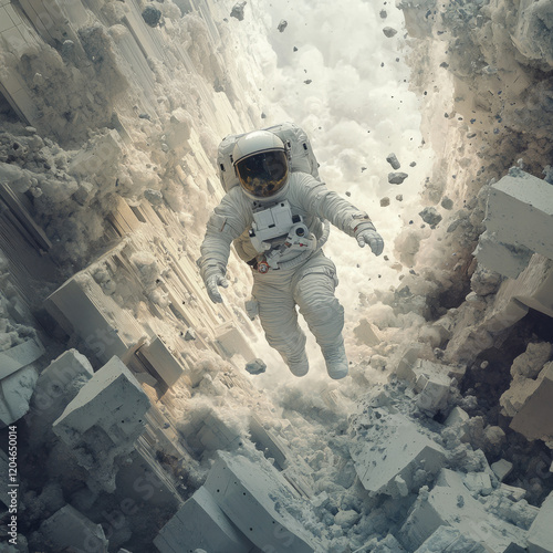 Science fiction astronaut in space suit floats in zero gravity on a white alien world rocky icy planet covered in snow cinematographic film tv show style sci-fi outer space photo