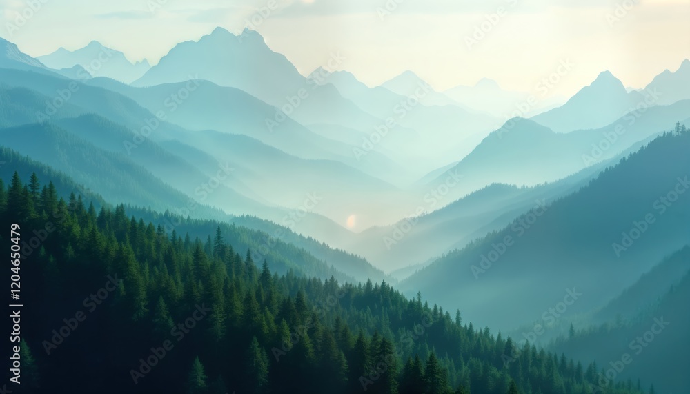Misty mountain range panorama. Dense forest slopes lead to hazy peaks. Serene landscape view. Tranquil alpine scenery. Majestic hills covered in evergreen trees. Peaceful mountain valley. Sunrise Misty mountain range panorama. Dense forest slopes lead to hazy peaks. Serene landscape view. Tranquil alpine scenery. Majestic hills covered in evergreen trees. Peaceful mountain valley. Sunrise