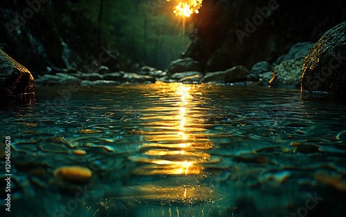 Sunlit river flowing through a rocky canyon.