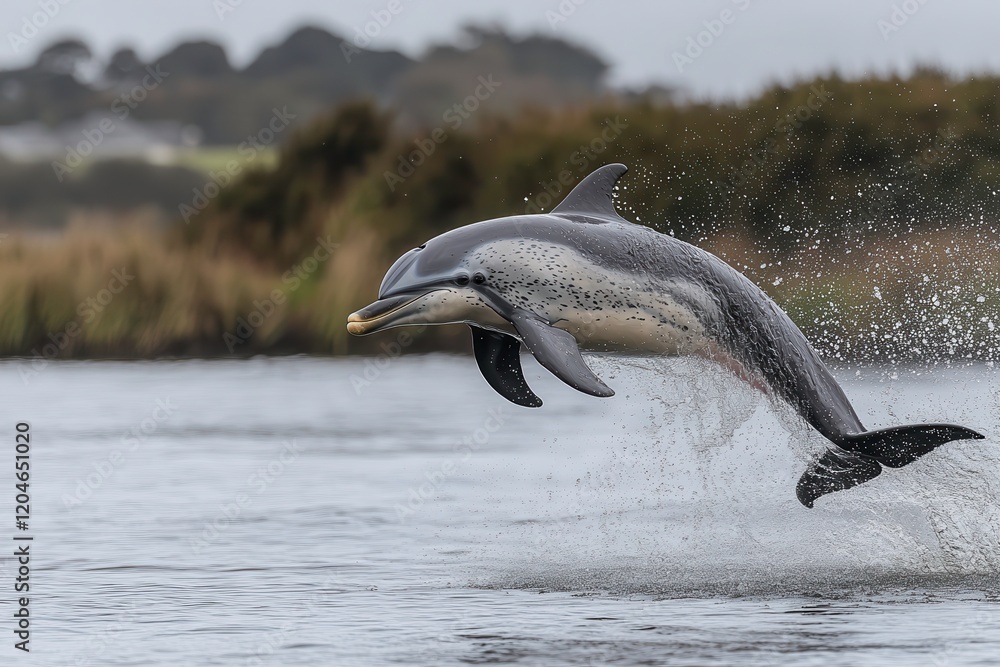 Fototapeta premium Joyful Dolphins Leaping Through the Water in a Serene Coastal Environment. Generative AI