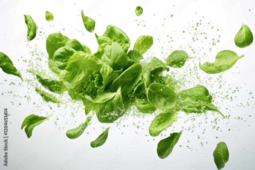 Obraz premium High resolution image of green leaves falling in zero gravity on white background representing fresh raw cherries