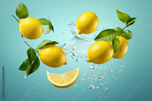 High resolution image of lemons with leaves floating isolated on white background representing levitation or zero gravity in food photo