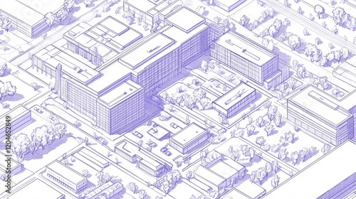 Architectural blueprint overview of modern campus facilities urban setting digital art