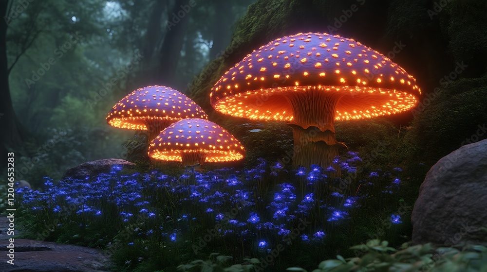 Luminous Mushrooms Illuminate Enchanting Forest Scene Luminous Mushrooms Illuminate Enchanting Forest Scene