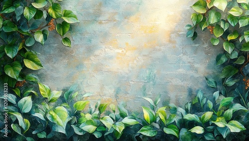 Green Leaves and Brick Decorative Frame Watercolor Illustration