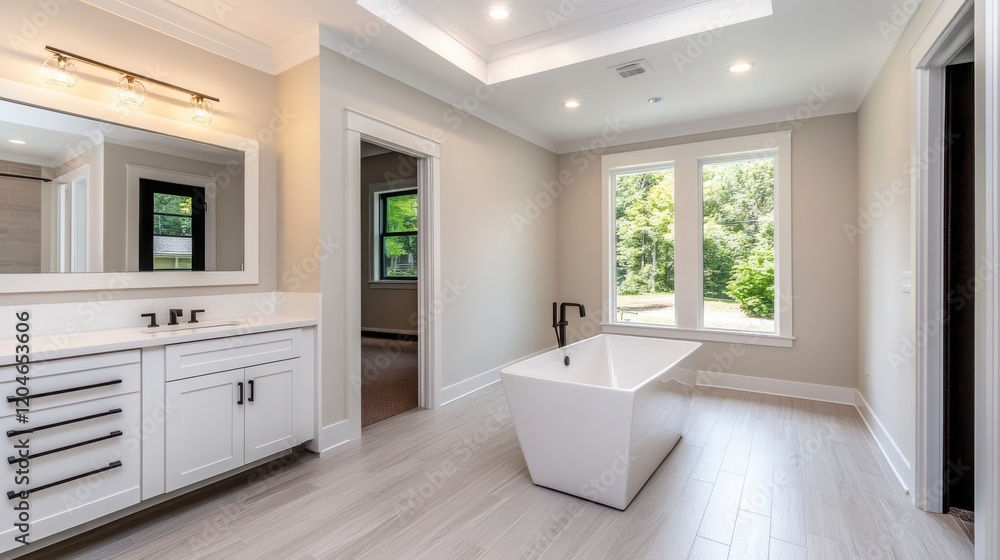 Fototapeta premium Modern Bathroom Interior with Freestanding Tub and Natural Light
