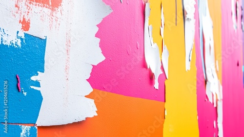 A close-up of a colorful, peeling paint wall showcasing vibrant hues and textures. photo