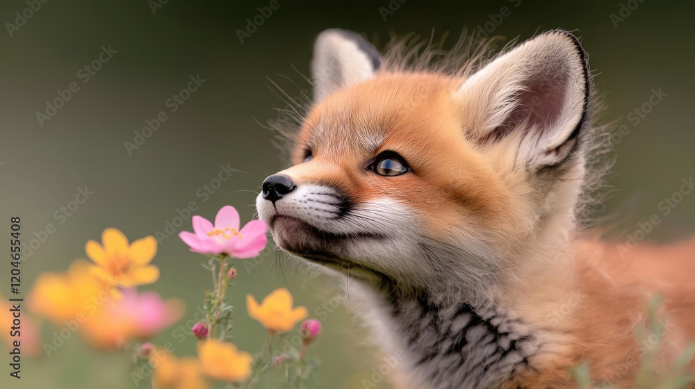 Obraz premium Red fox kit sniffing flowers in meadow; spring wildlife