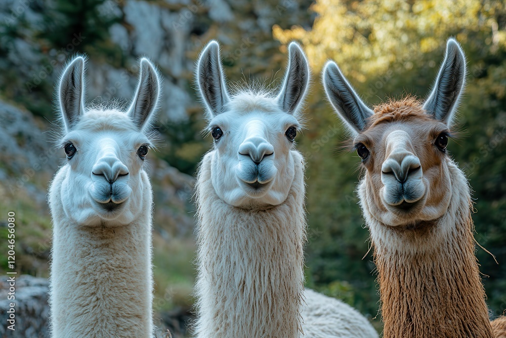 Obraz premium Llamas Exploring Picturesque Mountain Landscape Under a Clear Sky. Generative AI