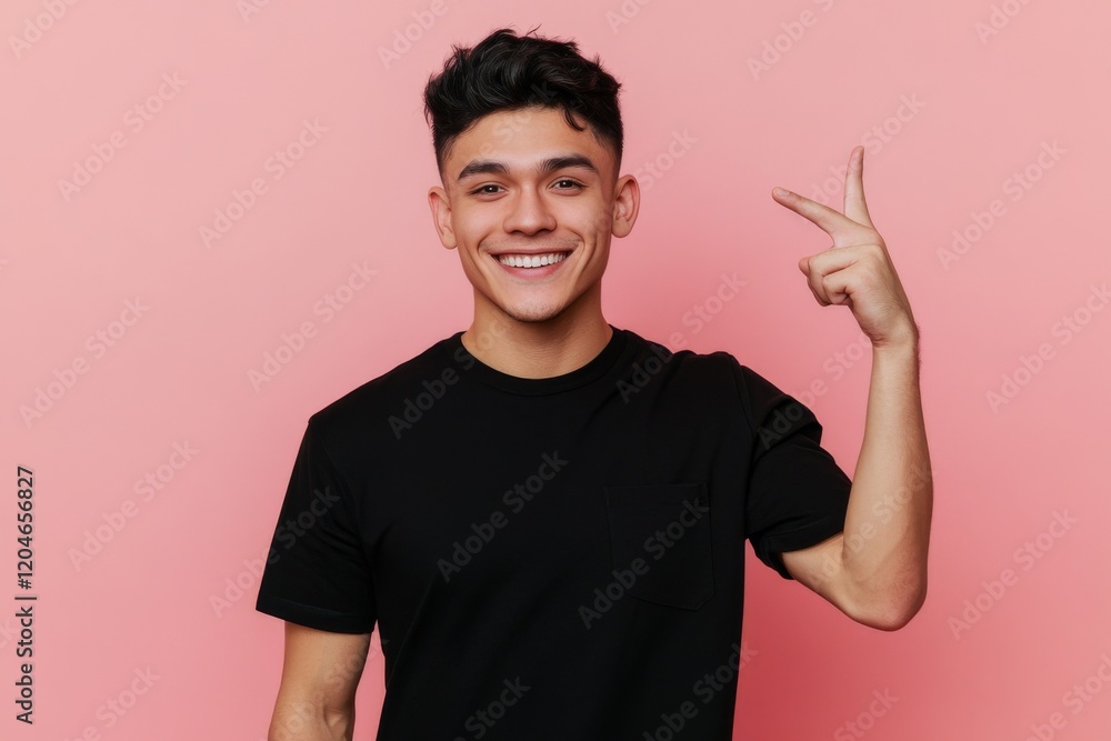 A young, smiling Hispanic man stands against a pink background, pointing to the side with his hand and showing something A young, smiling Hispanic man stands against a pink background, pointing to the side with his hand and showing something