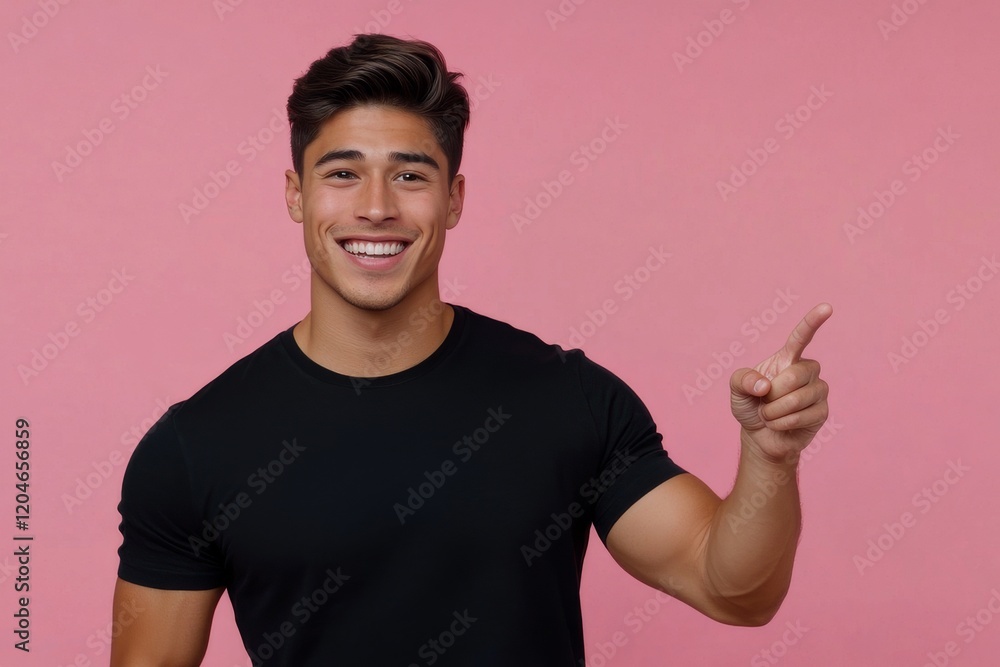 A young, smiling Hispanic man stands against a pink background, pointing to the side with his hand and showing something A young, smiling Hispanic man stands against a pink background, pointing to the side with his hand and showing something