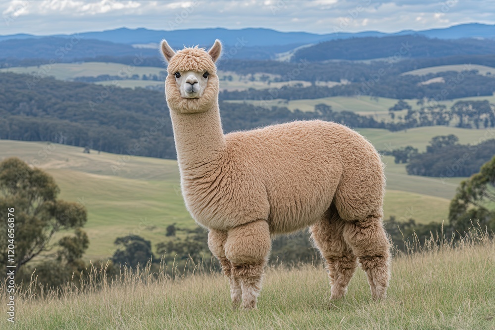 Obraz premium Proud Alpaca Stands in Lush Rolling Hills Under a Clear Sky. Generative AI
