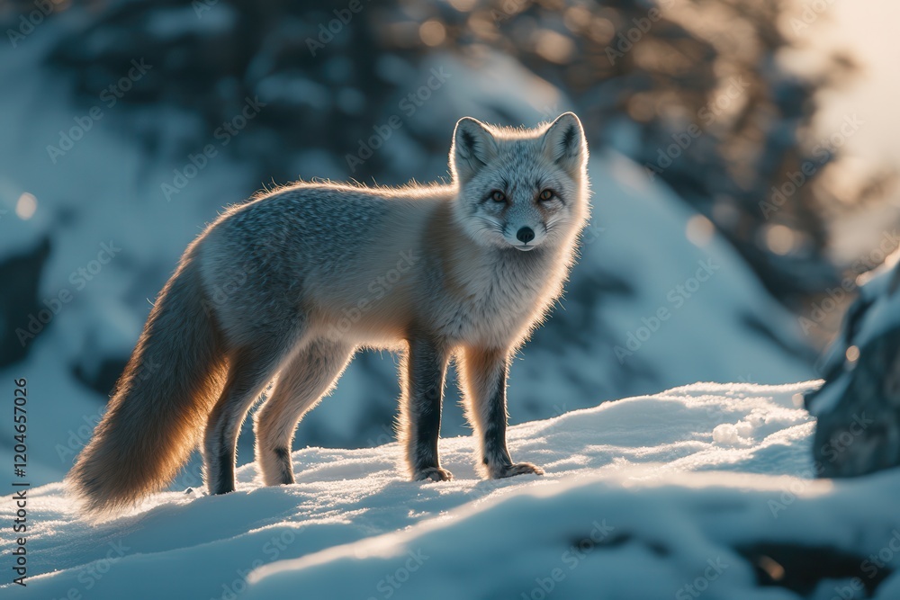 Obraz premium Isolated Arctic Fox Stands on Pristine Snow During a Quiet Winter Afternoon in the Wilderness. Generative AI