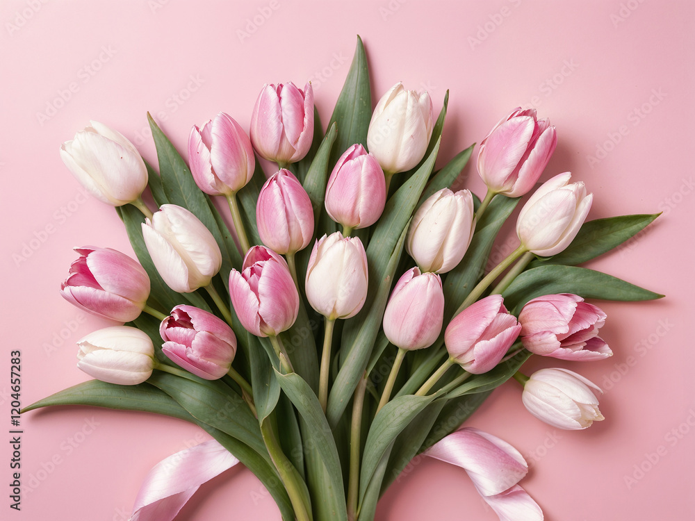 Abstract minimal Composition of pink and white tulips bouquet, ribbons on a pink background Abstract minimal Composition of pink and white tulips bouquet, ribbons on a pink background