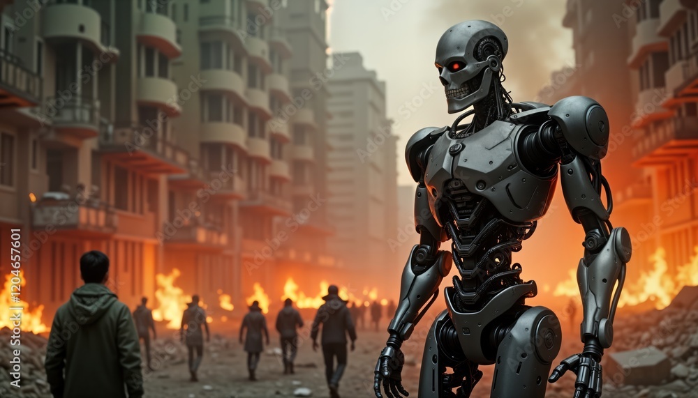 Fierce futuristic war scene. Android warrior stands amid city ruins. Fire engulfs buildings. Humans flee. Dramatic conflict. AI versus humans. Desolation. Concept art. Post-apocalyptic cityscape. Fierce futuristic war scene. Android warrior stands amid city ruins. Fire engulfs buildings. Humans flee. Dramatic conflict. AI versus humans. Desolation. Concept art. Post-apocalyptic cityscape.