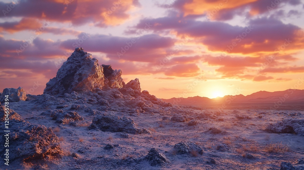 Sunset over snowy desert landscape, rocky formations Sunset over snowy desert landscape, rocky formations
