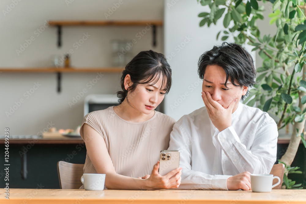 家でスマートフォンを見ながら落ち込む夫婦・カップル(驚く・ニュース・投資・株)
家でスマートフォンを見ながら落ち込む夫婦・カップル(驚く・ニュース・投資・株)