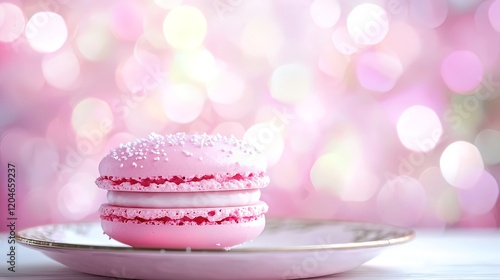 Delicate pink macaron on a vintage plate against a bokeh background.