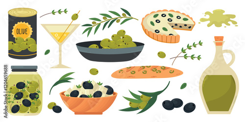 Olive Oil organic products set collection with glass jug, tin can, baguette, quiche, olive branches, martini, feta cheese