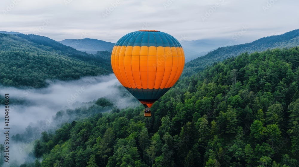 Aerial View of Colorful Hot Air Balloon Floating Over Lush Forested Mountains in Early Morning Mist with Expansive Mountain Range in Background Aerial View of Colorful Hot Air Balloon Floating Over Lush Forested Mountains in Early Morning Mist with Expansive Mountain Range in Background