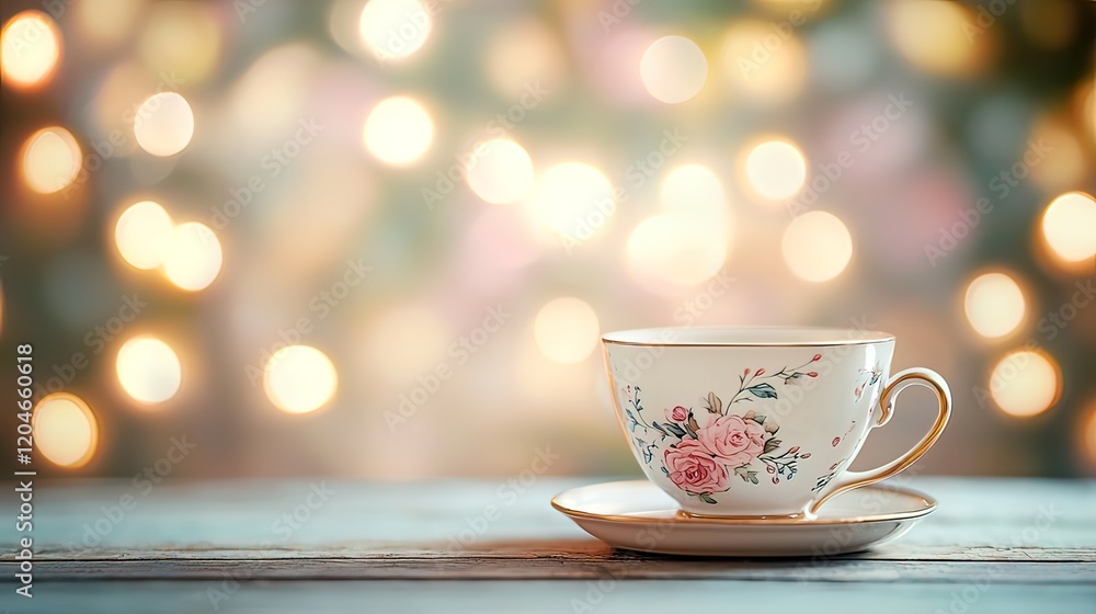 Fototapeta premium Floral teacup on saucer, bokeh lights background.