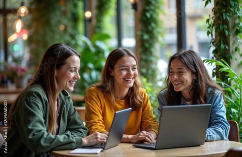 Three young women enjoy cozy cafe moment. Smiling friends work on laptops. Green plants surround. Casual atmosphere. Likely brainstorm collaborate on project. Seems like student meeting, tech-based