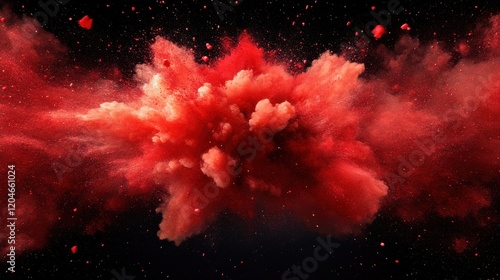 Explosive red powder cloud in motion against black background creating a dynamic and vibrant abstract composition