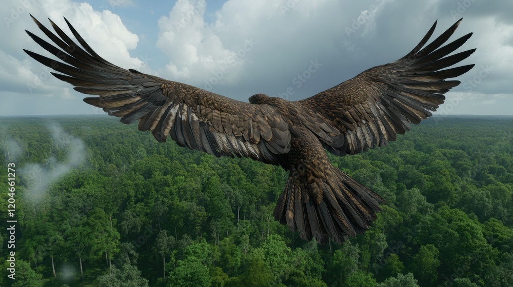 Fototapeta premium Majestic eagle gliding over lush forest nature scene aerial view serenity