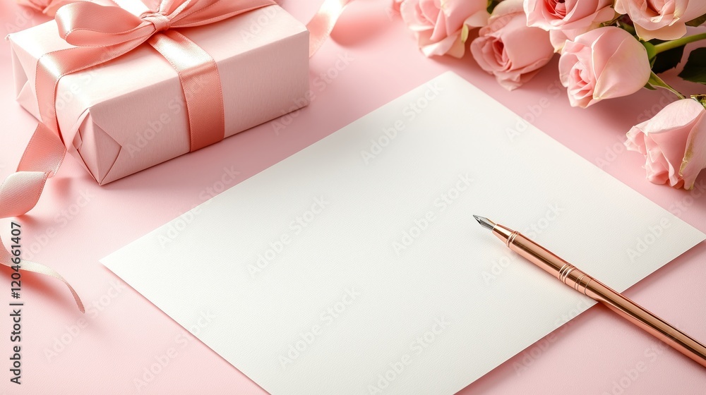 Delicate Gift Presentation with Roses and Blank Writing Space Delicate Gift Presentation with Roses and Blank Writing Space