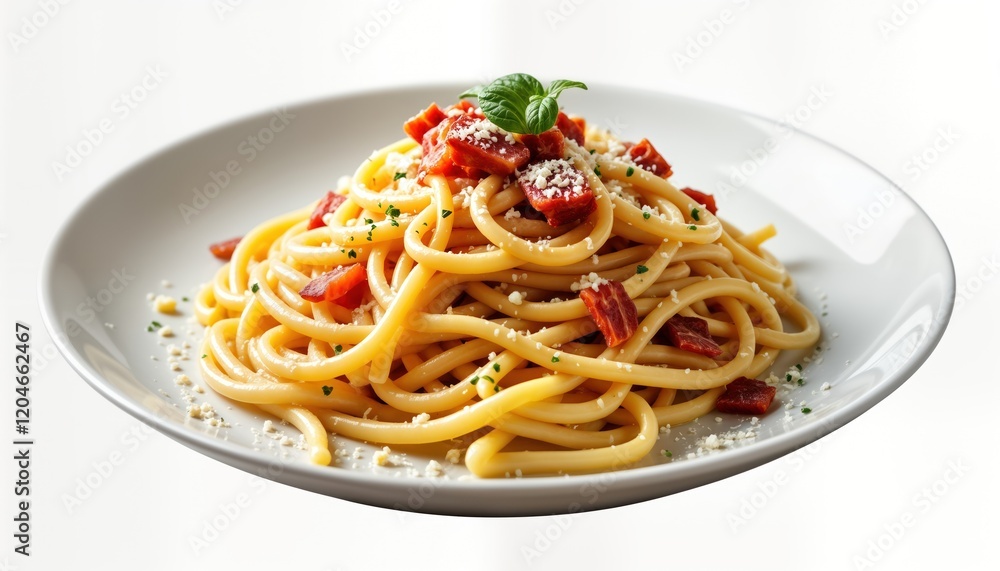 Delicious creamy pasta with bacon, parmesan cheese on white plate. Italian food dish. Savory, tasty meal ready to eaten. Food photography. Appetizing presentation. Perfect for lunch dinner. Italian Delicious creamy pasta with bacon, parmesan cheese on white plate. Italian food dish. Savory, tasty meal ready to eaten. Food photography. Appetizing presentation. Perfect for lunch dinner. Italian