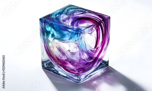 Abstract swirling colors inside a glass cube.