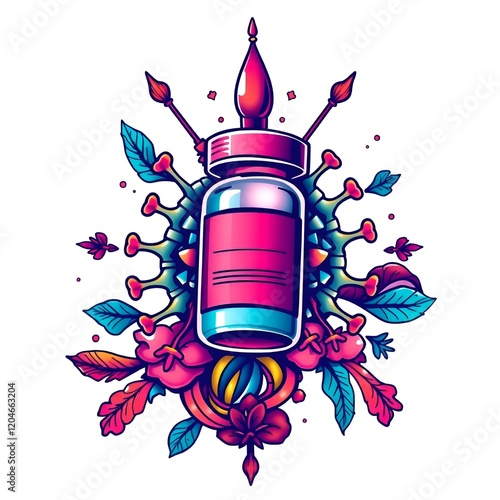 Colorful artistic illustration of a flu vaccine bottle surrounded by floral and viral elements