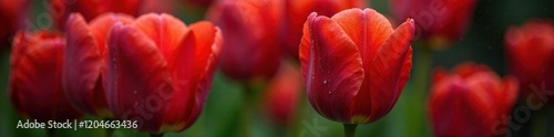 Water droplets cling to the velvety petals of a crimson tulip, red, drops, tulips