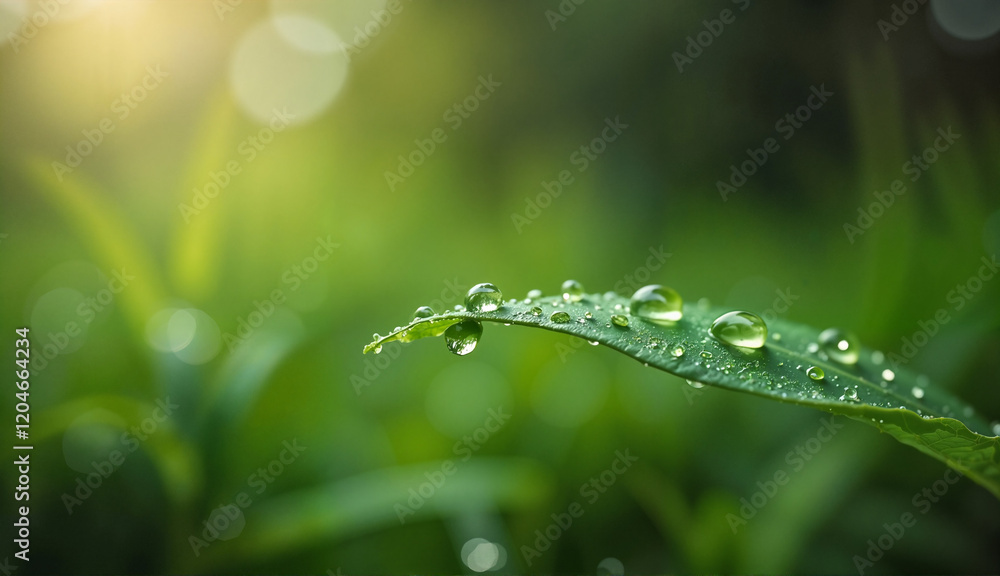 Dewdrops on a single green leaf in the early morning, softly lit by natural light, blurred background with soft bokeh, simple and focused composition, representing renewal and clarity Dewdrops on a single green leaf in the early morning, softly lit by natural light, blurred background with soft bokeh, simple and focused composition, representing renewal and clarity
